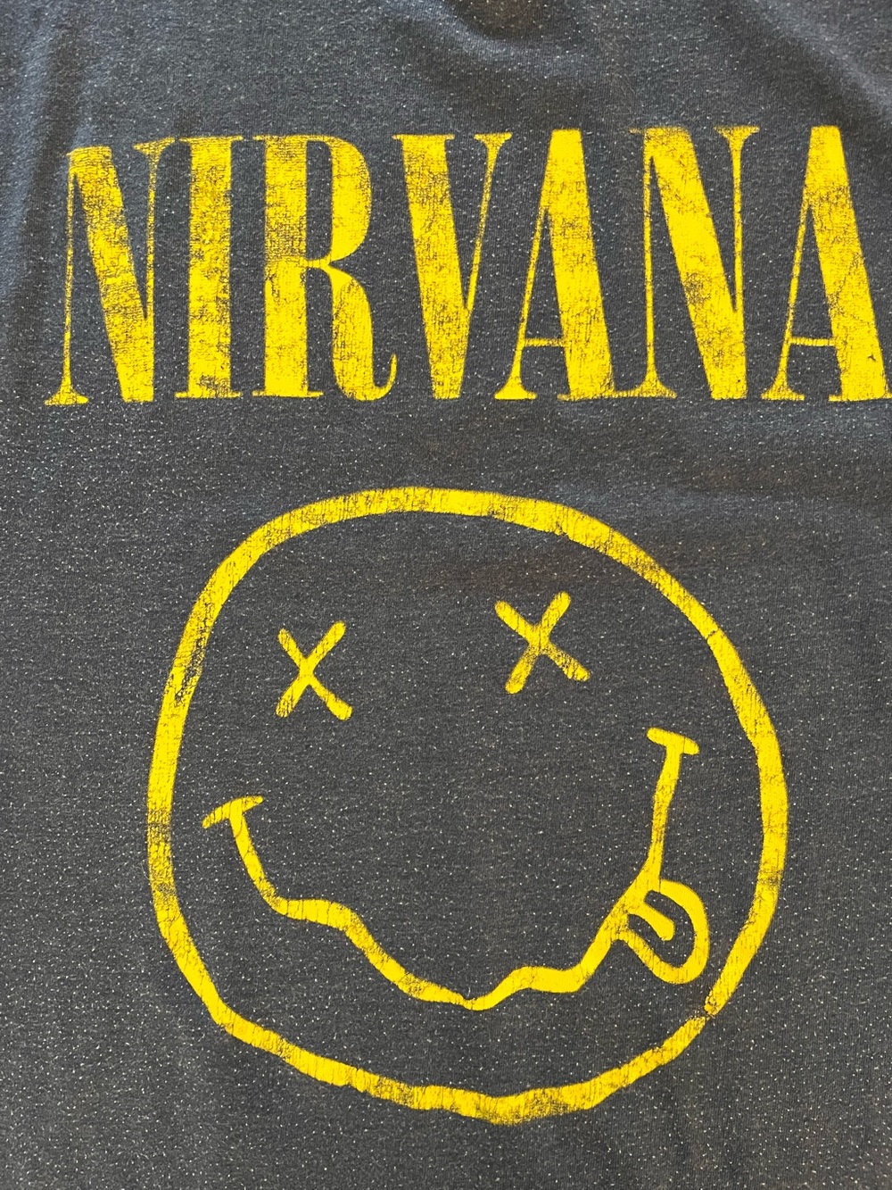 NIRVANA Heather Navy Tee with Distressed Yellow Smiley Logo